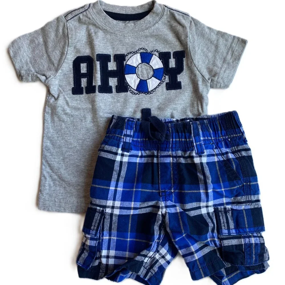 🛟 3/$15 | 6-12M Nautical Outfit Set Plaid Shorts and Matching Tee and Romper